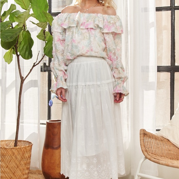 Elegant Pink Lace Skirt Ruffled Off Shoulder